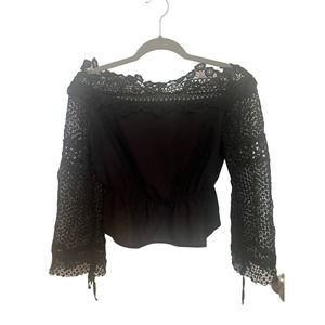 Luxxel Women's Black Long Sleeve Off The Shoulder  Pullover Crop Top S Blouse